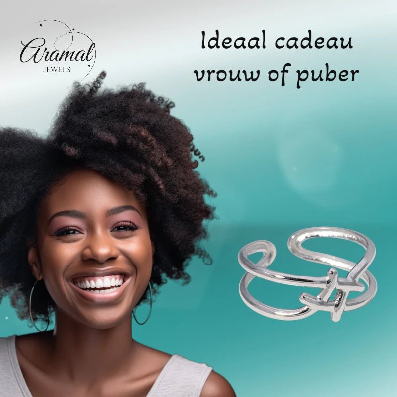 Verstelbare Ring - Vierkant met Lijnen - One Size - Zilverkleur -