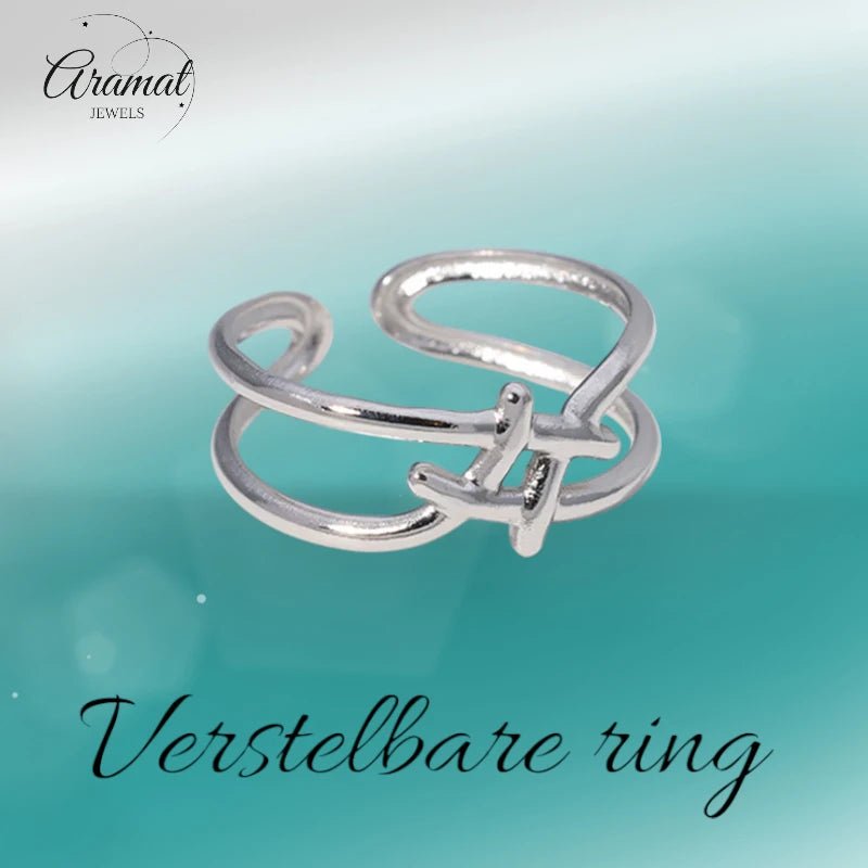 Verstelbare Ring - Vierkant met Lijnen - One Size - Zilverkleur -