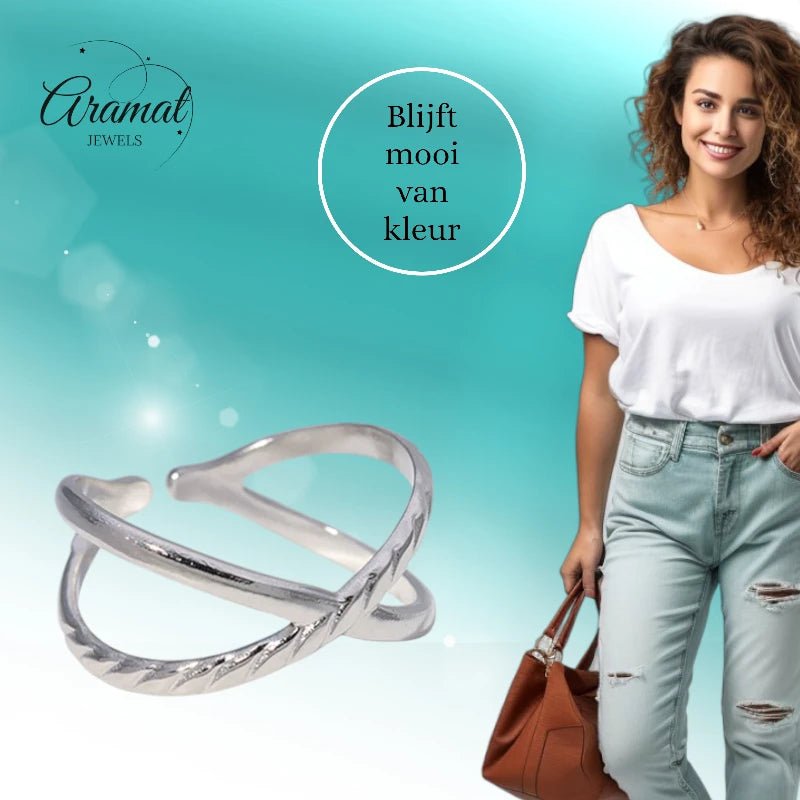 Stalen Verstelbare Open Ring - Glad & Gestreept - One Size - Zilverkleur -