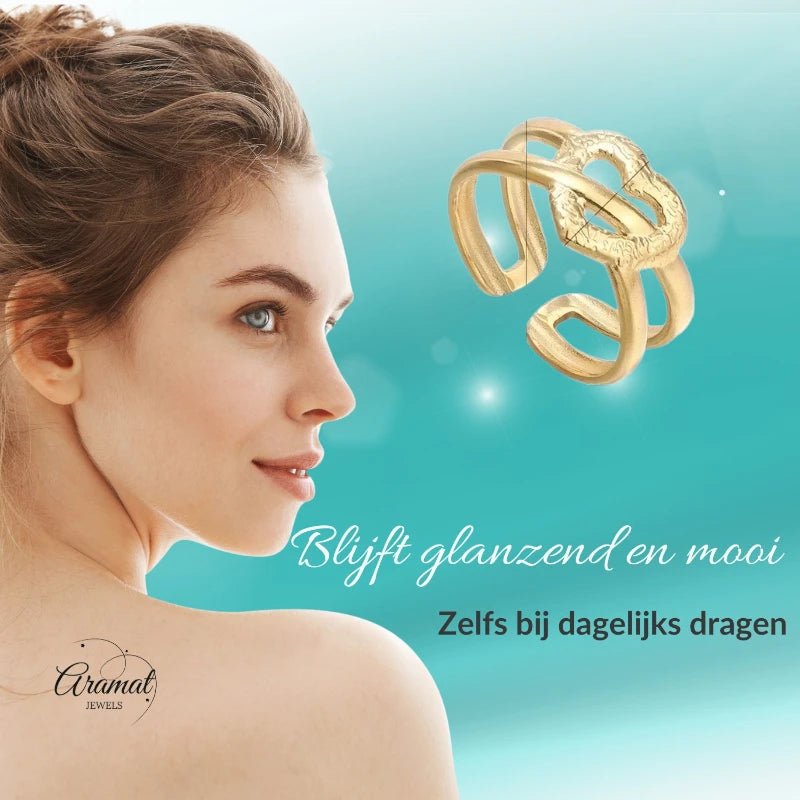 Stalen Verstelbare Open Ring - Bewerkt Hartje - One Size - Zilverkleur -