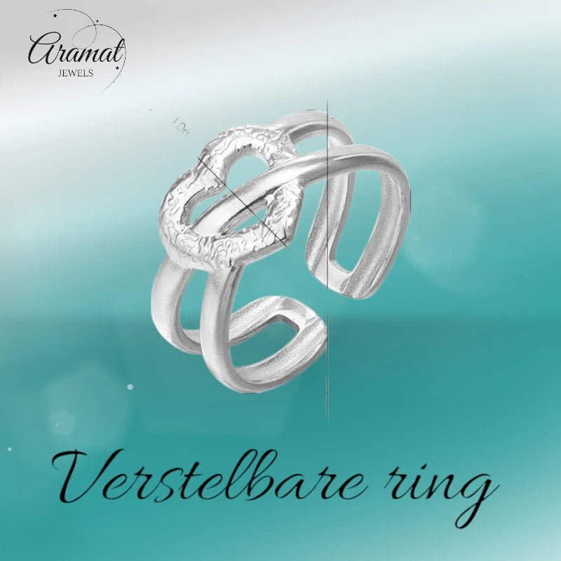 Stalen Verstelbare Open Ring - Bewerkt Hartje - One Size - Zilverkleur -