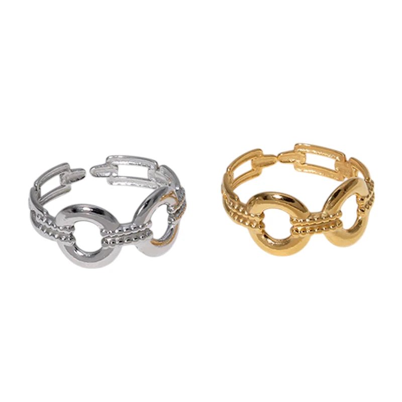 Stalen Verstelbare Open Ring - Streepjes & Cirkels - One Size - Zilverkleur -