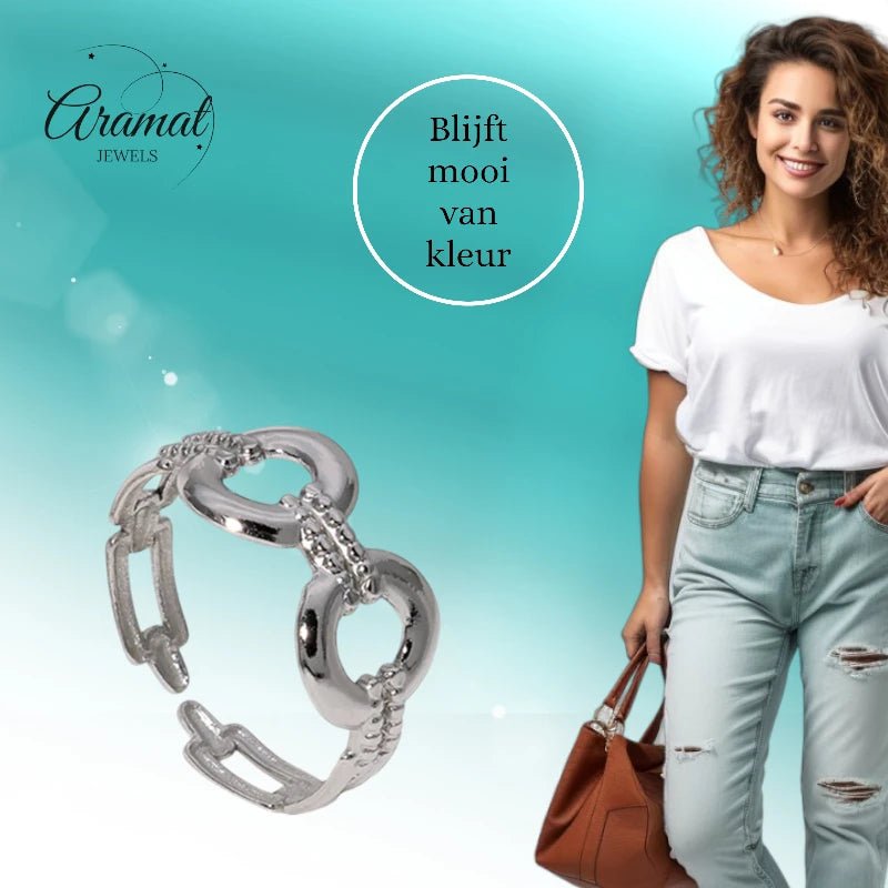Stalen Verstelbare Open Ring - Streepjes & Cirkels - One Size - Zilverkleur -