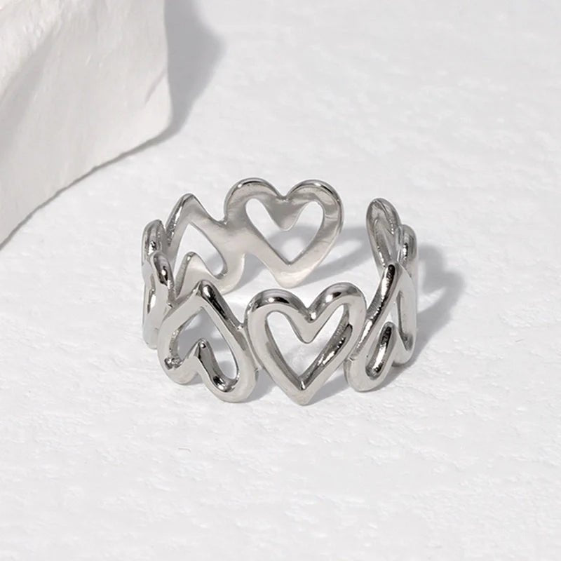Stalen Verstelbare Open Ring - Open Hartjes - One Size - Zilverkleur -