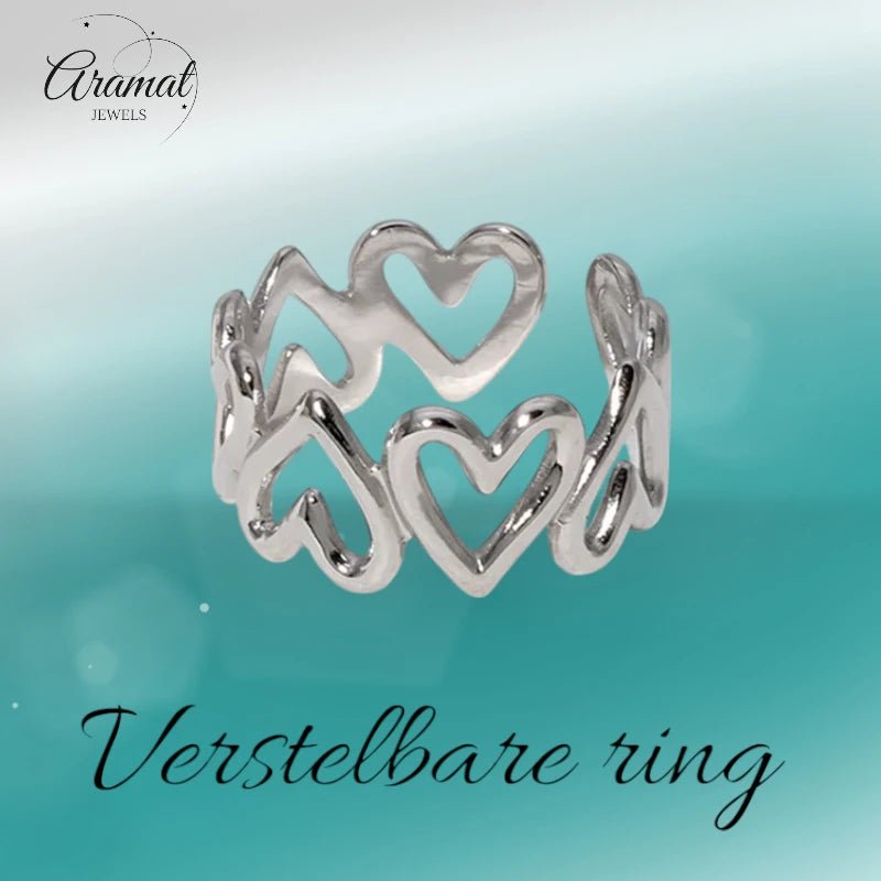 Stalen Verstelbare Open Ring - Open Hartjes - One Size - Zilverkleur -