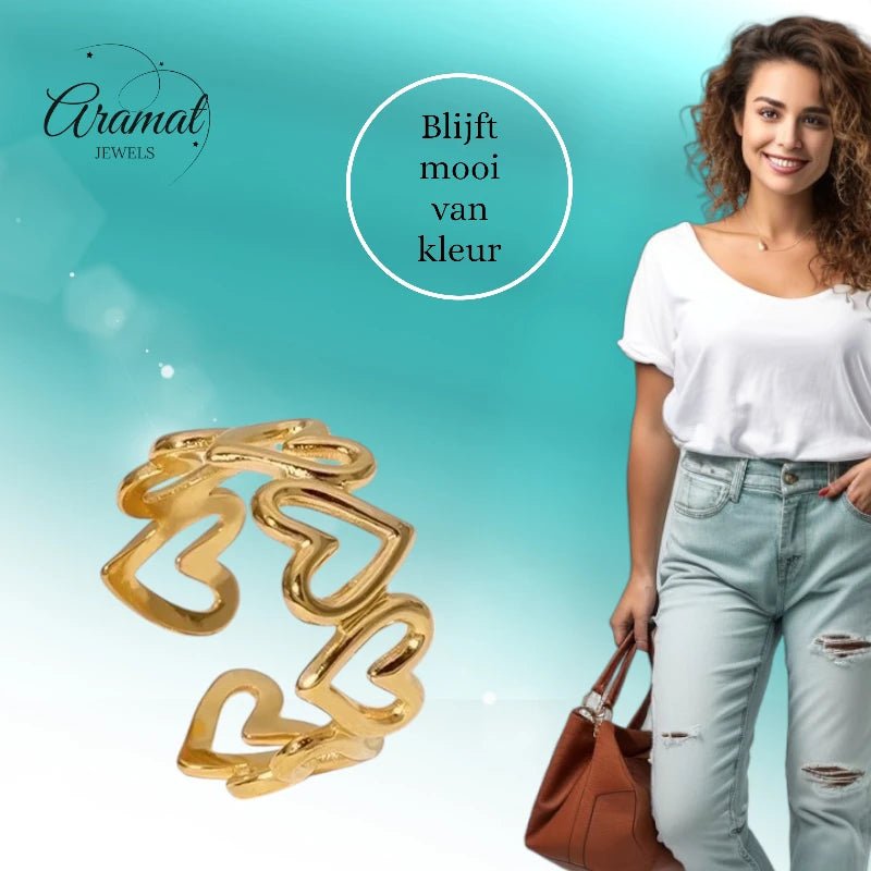 Stalen Verstelbare Open Ring - Open Hartjes - One Size - Zilverkleur -