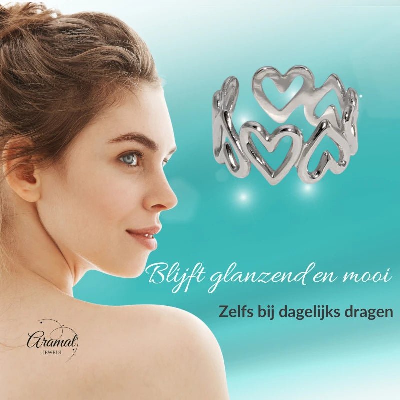 Stalen Verstelbare Open Ring - Open Hartjes - One Size - Zilverkleur -