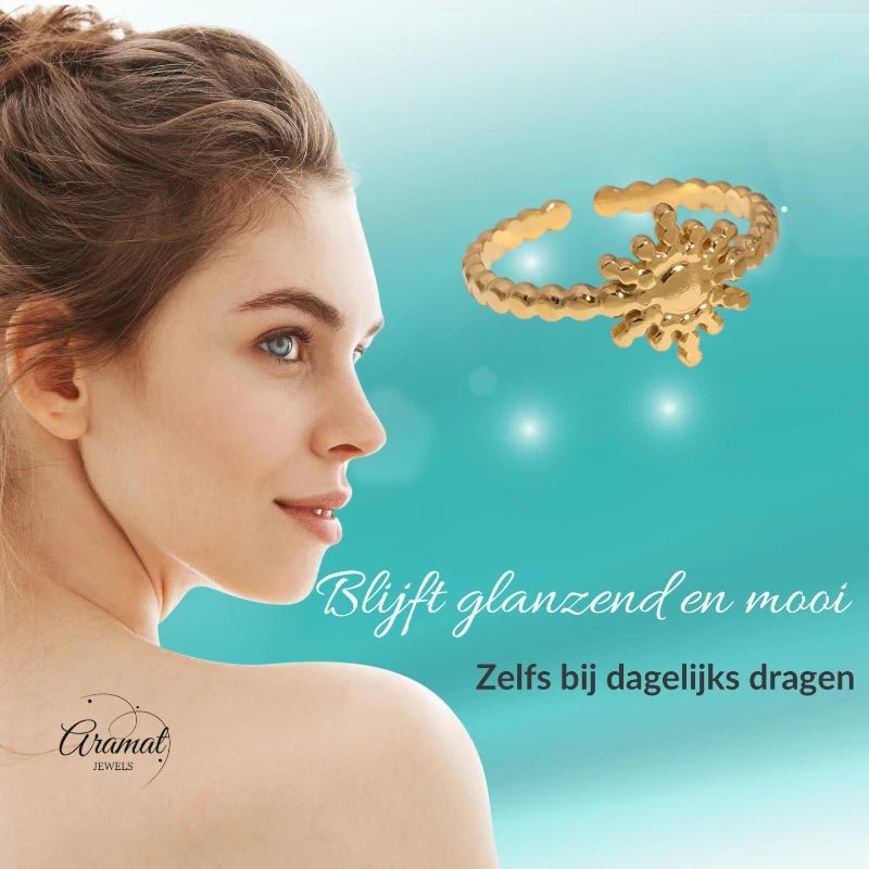 Stalen Verstelbare Open Ring - Zon & Dots - One Size - Zilverkleur -