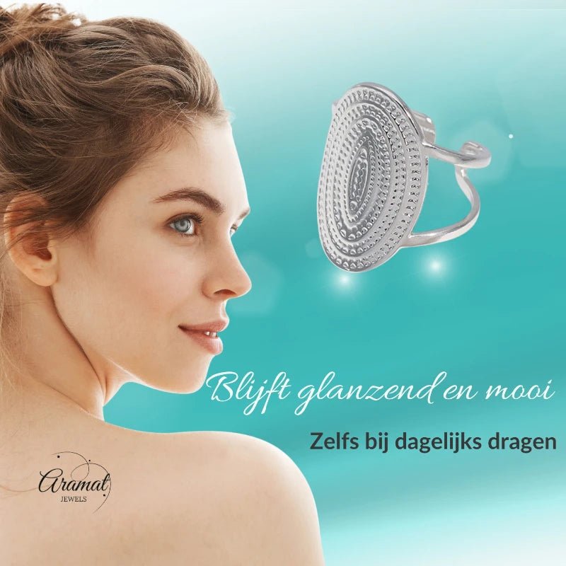 Stalen Verstelbare Open Ring - Bewerkte Ovaal 24mm - One Size - Zilverkleur -