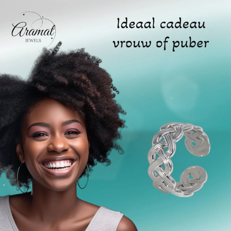 Stalen Verstelbare Open Ring - Vlecht Motief - One Size - Zilverkleur -