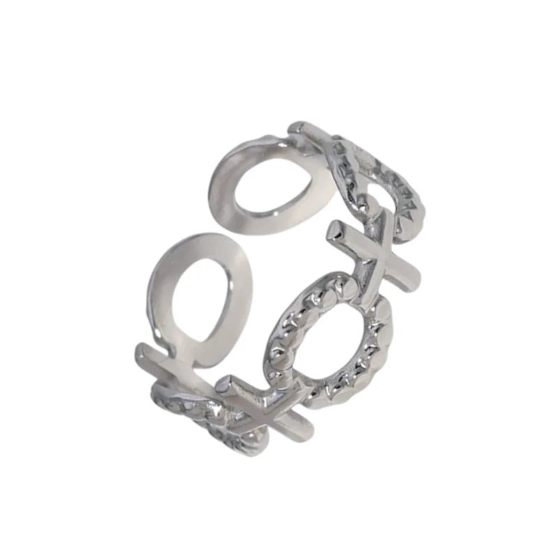 Stalen Verstelbare Open Ring - Schakel Motief & Dots - One Size - Zilverkleur -