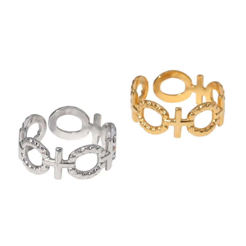 Stalen Verstelbare Open Ring - Schakel Motief & Dots - One Size - Zilverkleur -