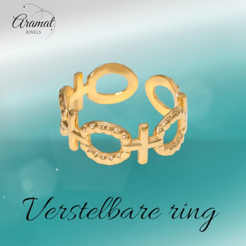 Stalen Verstelbare Open Ring - Schakel Motief & Dots - One Size - Zilverkleur -