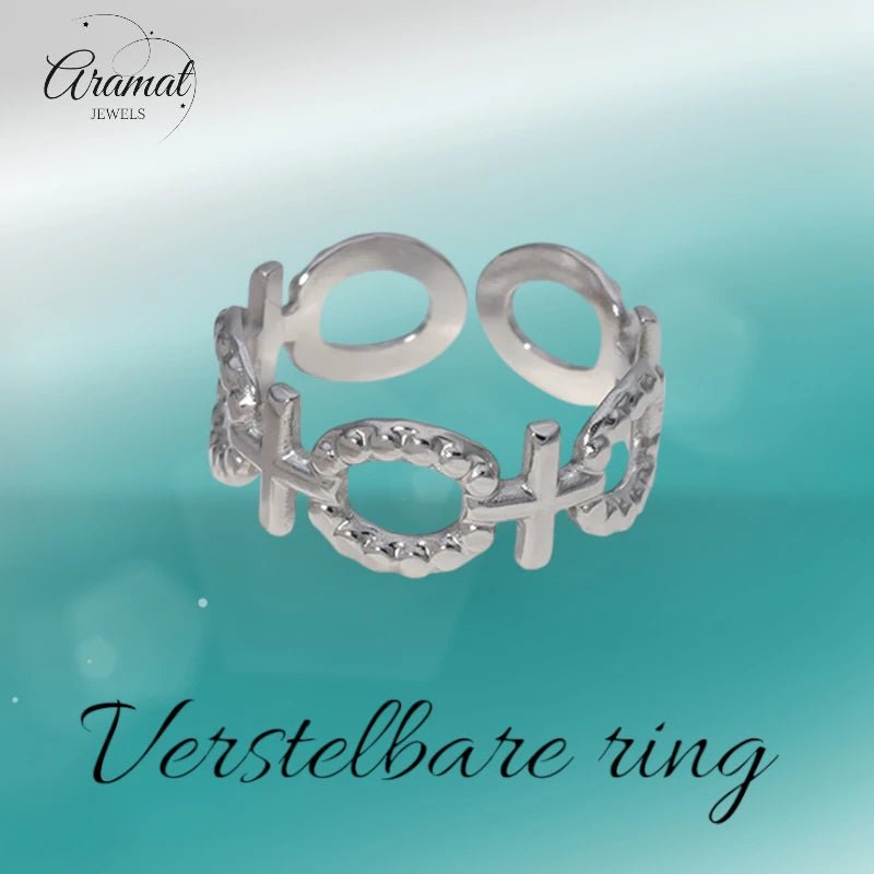 Stalen Verstelbare Open Ring - Schakel Motief & Dots - One Size - Zilverkleur -