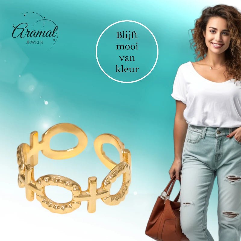 Stalen Verstelbare Open Ring - Schakel Motief & Dots - One Size - Zilverkleur -