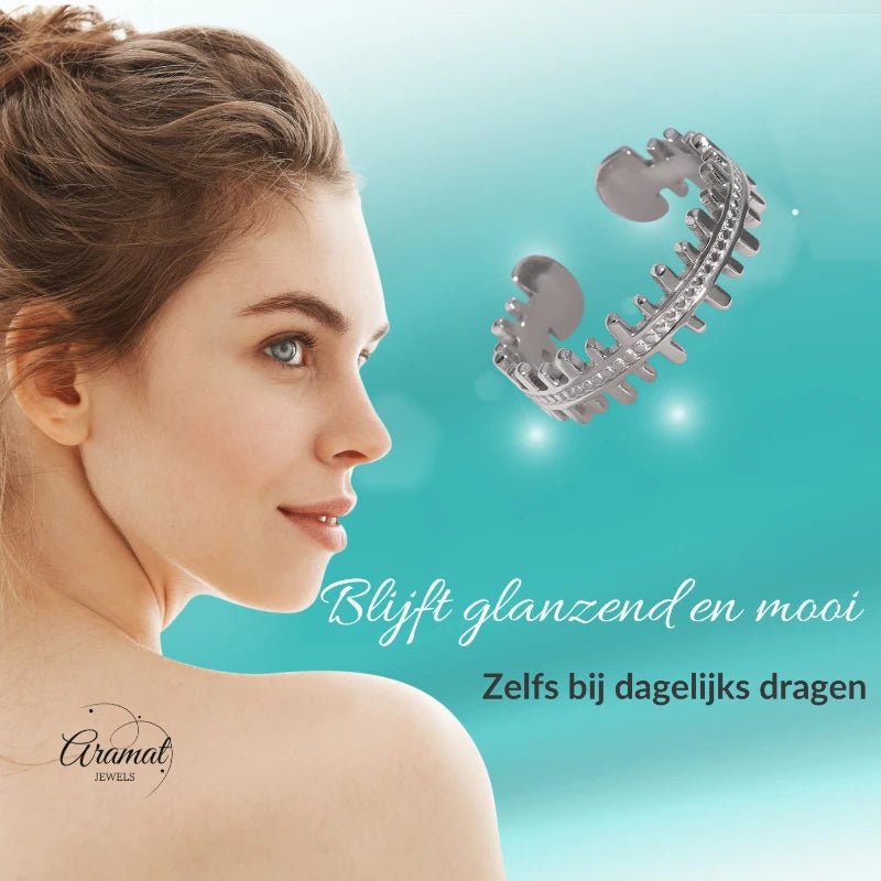 Stalen Verstelbare Open Ring - Streepjes & Dots - One Size - Zilverkleur -