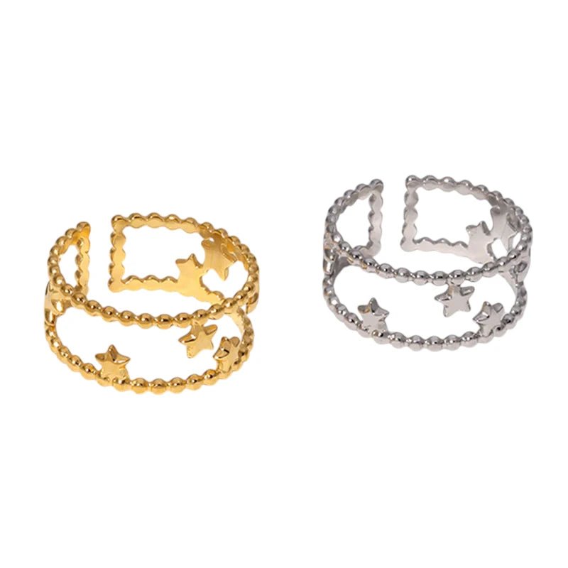 Stalen Verstelbare Open Ring - Sterretjes & Dots - One Size - Zilverkleur -