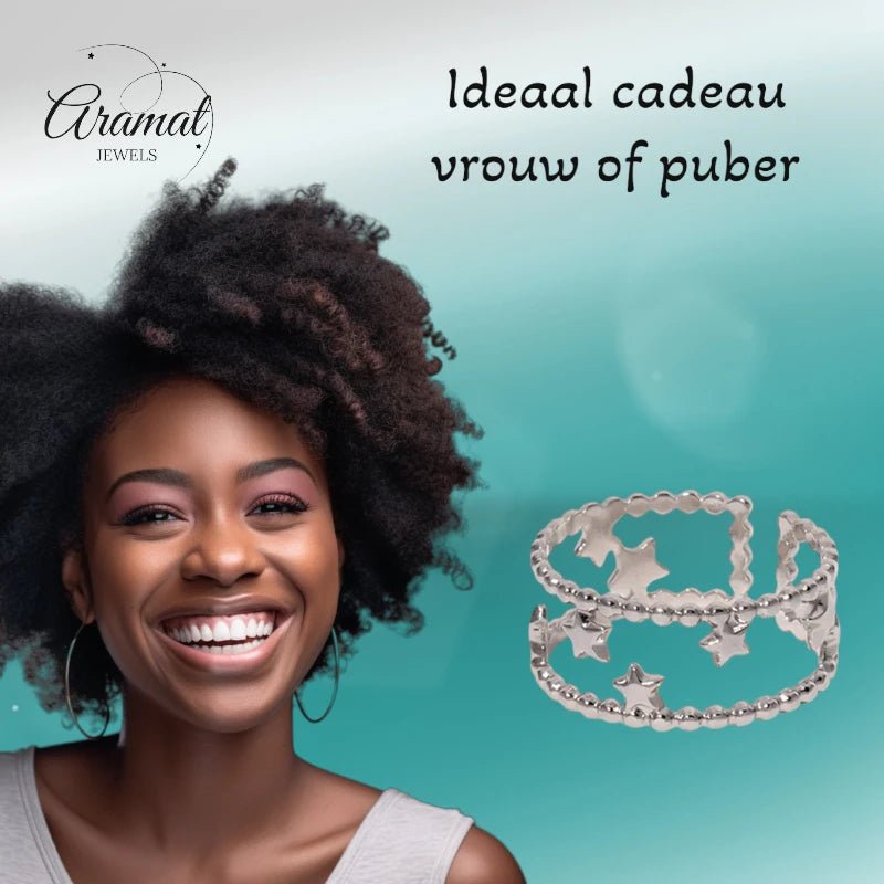 Stalen Verstelbare Open Ring - Sterretjes & Dots - One Size - Zilverkleur -