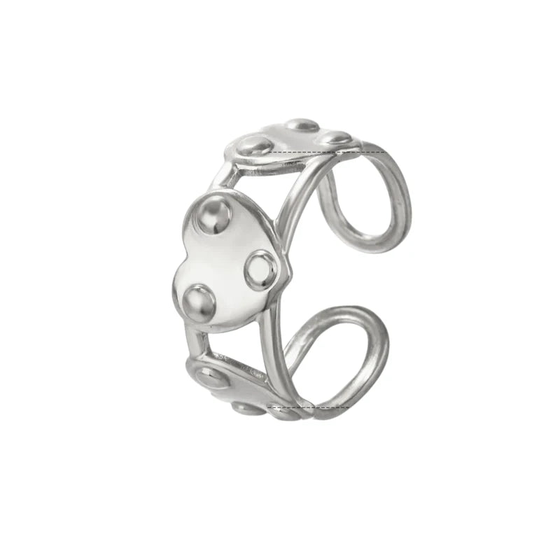 Stalen Verstelbare Open Ring - 3 Hartjes & Dots - One Size - Zilverkleur -