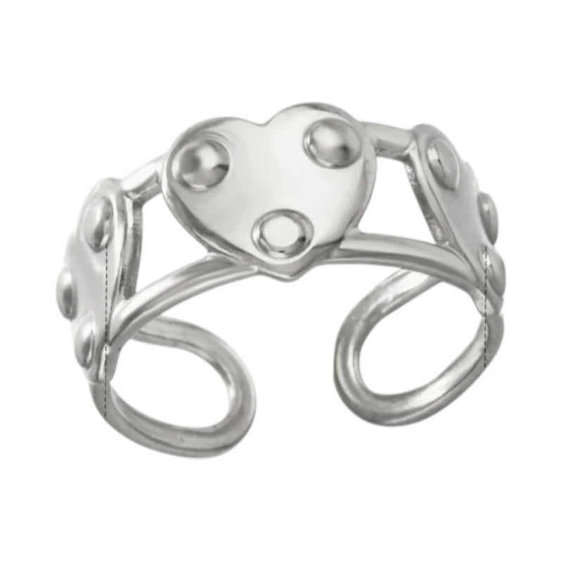 Stalen Verstelbare Open Ring - 3 Hartjes & Dots - One Size - Zilverkleur -
