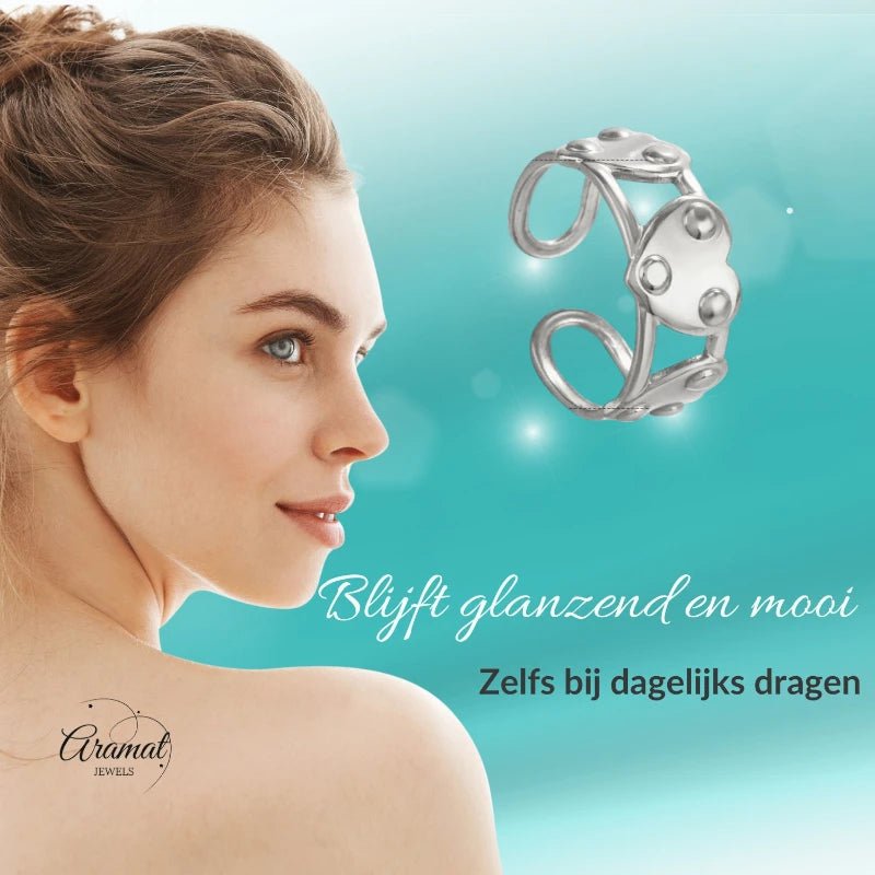 Stalen Verstelbare Open Ring - 3 Hartjes & Dots - One Size - Zilverkleur -