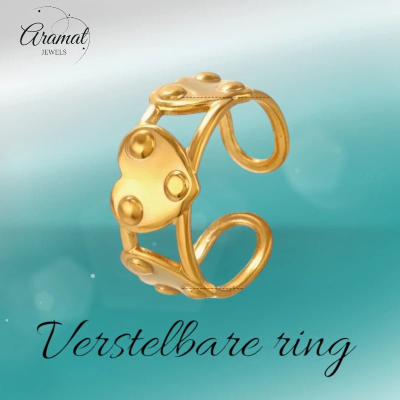 Stalen Verstelbare Open Ring - 3 Hartjes & Dots - One Size - Zilverkleur -