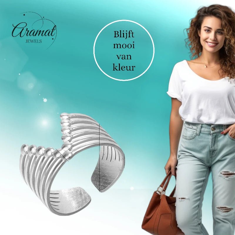 Stalen Verstelbare Open Ring - V-Shape & Dots - One Size - Zilverkleur -