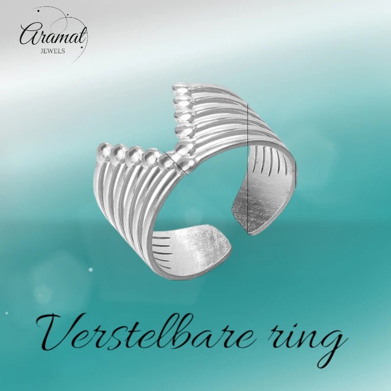 Stalen Verstelbare Open Ring - V-Shape & Dots - One Size - Zilverkleur -