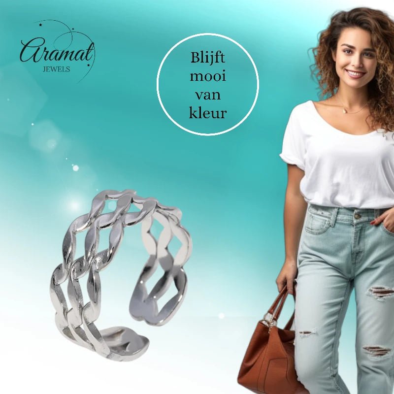 Stalen Verstelbare Open Ring - Wave Motief - One Size - Zilverkleur -