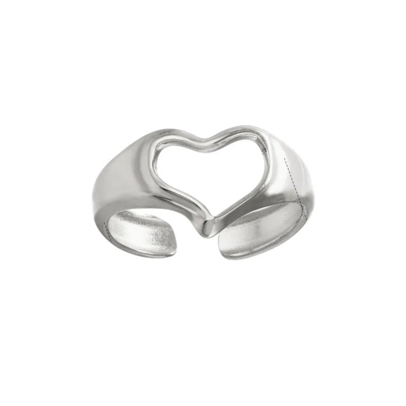 Stalen Verstelbare Open Ring - Open Hartje - One Size - Zilverkleur -