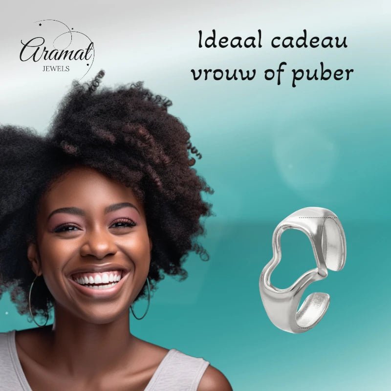 Stalen Verstelbare Open Ring - Open Hartje - One Size - Zilverkleur -
