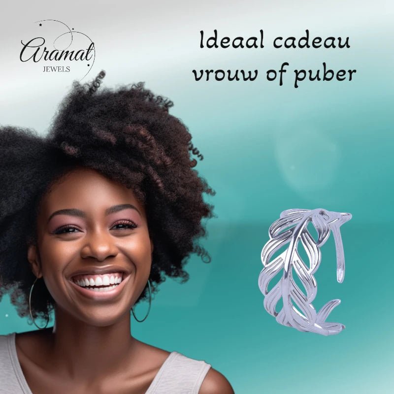 Stalen Verstelbare Open Ring - Blaadje - One Size - Zilverkleur -