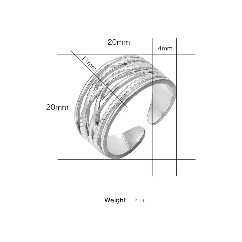 Stalen Verstelbare Open Ring - Lijnenspel - One Size - Zilverkleur -