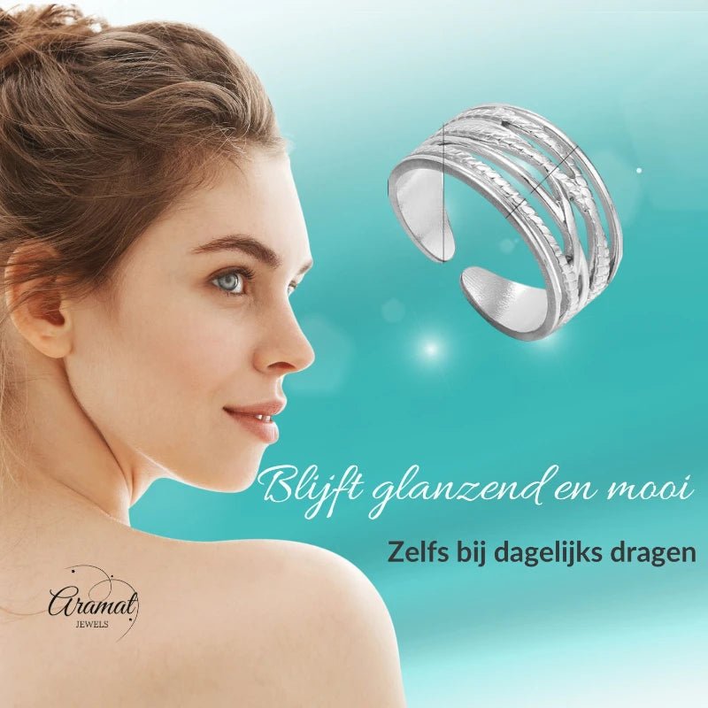 Stalen Verstelbare Open Ring - Lijnenspel - One Size - Zilverkleur -