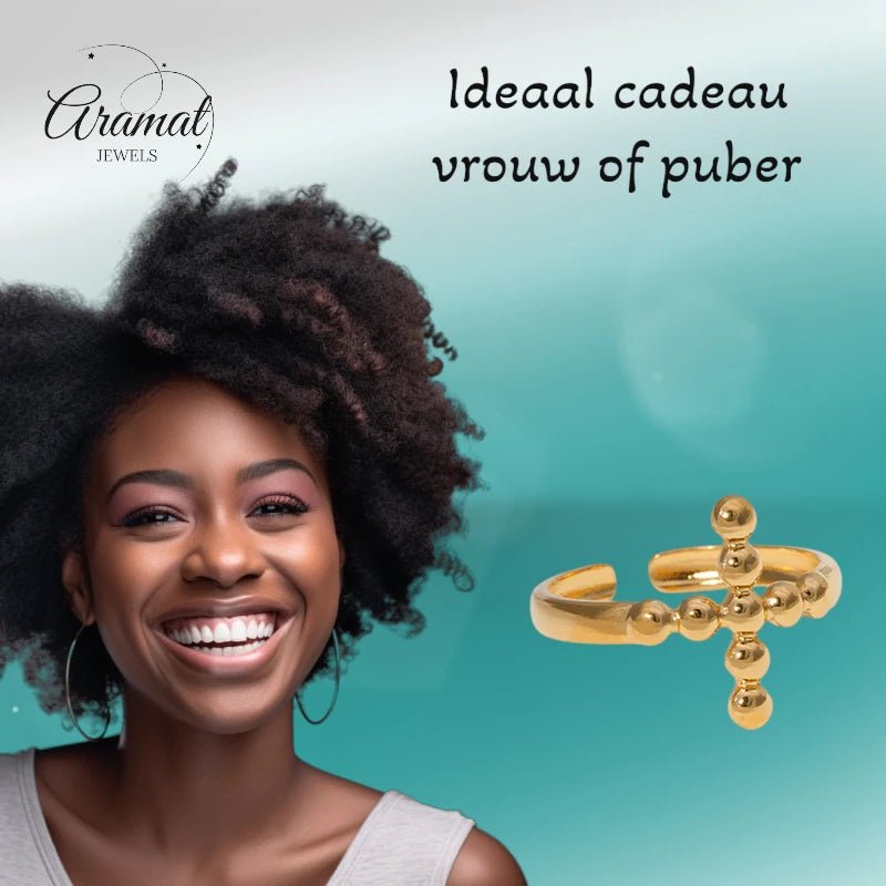 Stalen Verstelbare Open Ring - Kruis van Dots - One Size - Zilverkleur -