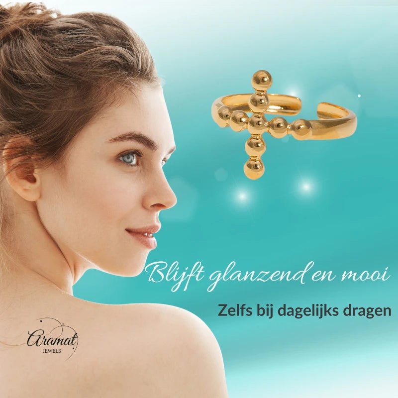 Stalen Verstelbare Open Ring - Kruis van Dots - One Size - Zilverkleur -