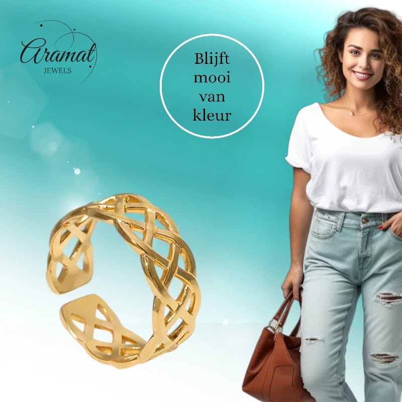 Stalen Verstelbare Open Ring - Gevlochten Motief - One Size - Zilverkleur -