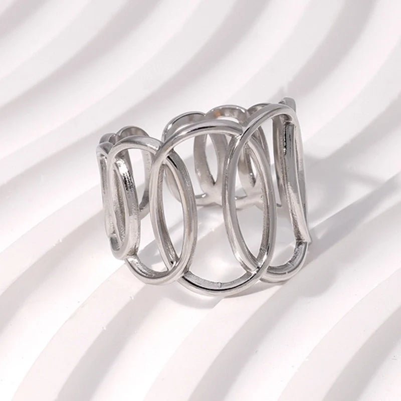 RVS Verstelbare Open Ring - Overlappende Ovalen - One Size - Zilverkleur -