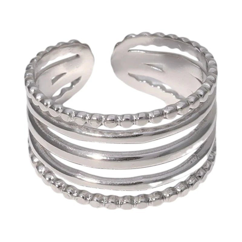 RVS Verstelbare Open Ring - 5 Strepen (3 Glad & 2 Dots) - One Size - Zilverkleur -