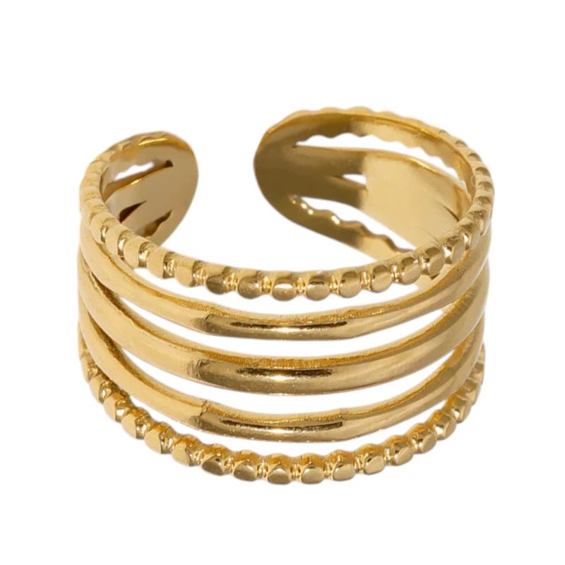 RVS Verstelbare Open Ring - 5 Strepen (3 Glad & 2 Dots) - One Size - Zilverkleur -