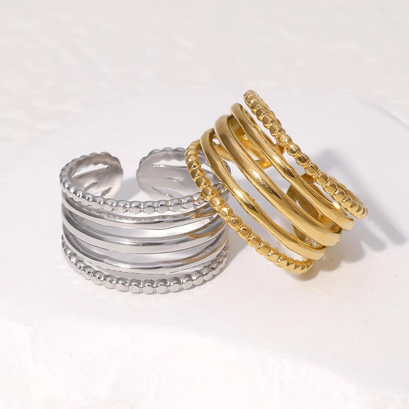RVS Verstelbare Open Ring - 5 Strepen (3 Glad & 2 Dots) - One Size - Zilverkleur -
