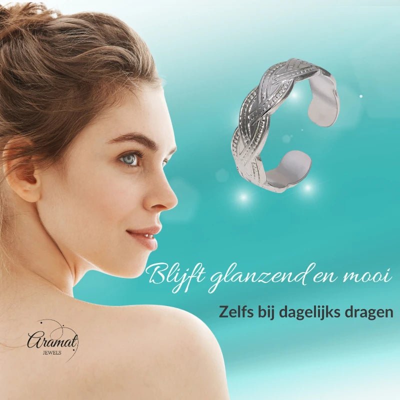 RVS Verstelbare Open Ring - Gevlochten Met Dots - One Size - Zilverkleur -
