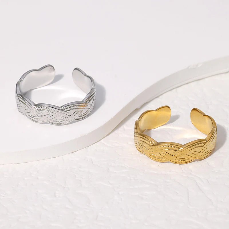 RVS Verstelbare Open Ring - Gevlochten Met Dots - One Size - Zilverkleur -