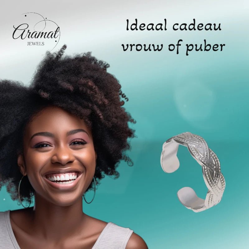 RVS Verstelbare Open Ring - Gevlochten Met Dots - One Size - Zilverkleur -