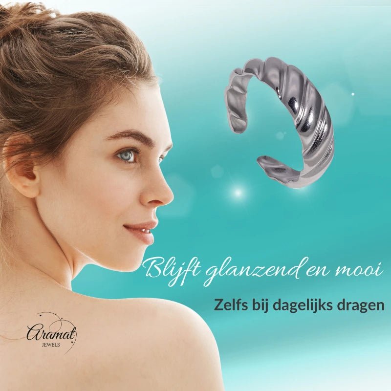 RVS Verstelbare Ring &acirc;&euro;&ldquo; Schuine Lijnen Motief &acirc;&euro;&ldquo; One Size - Zilv