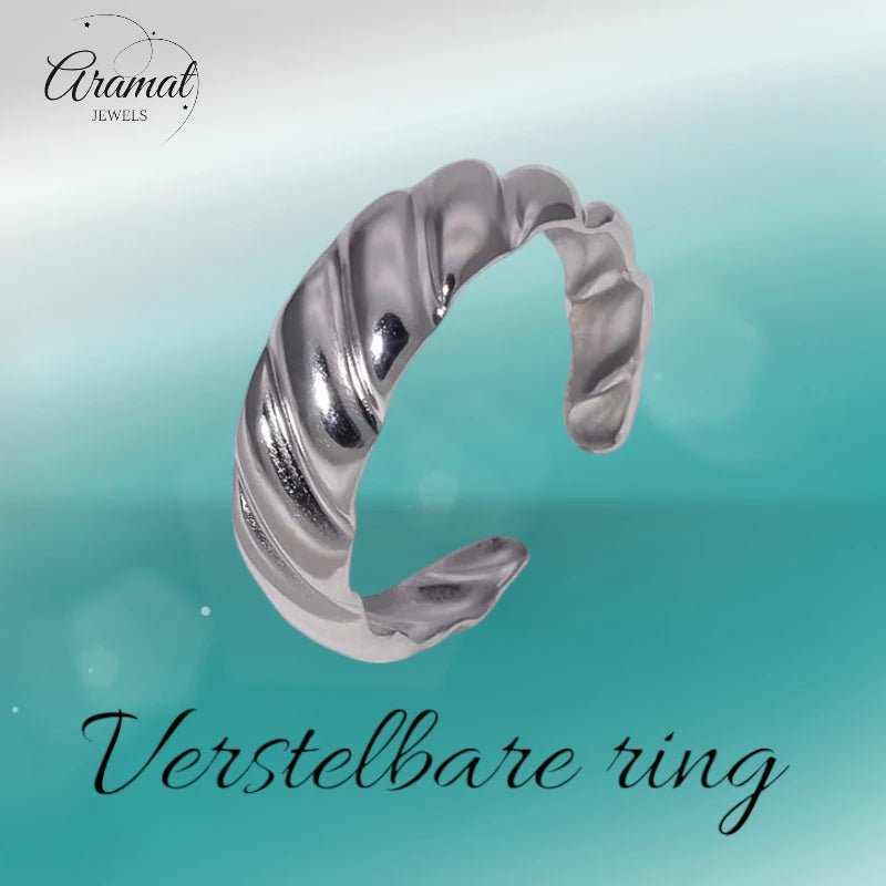 RVS Verstelbare Ring &acirc;&euro;&ldquo; Schuine Lijnen Motief &acirc;&euro;&ldquo; One Size - Zilv
