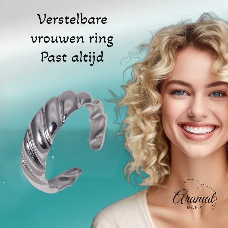 RVS Verstelbare Ring &acirc;&euro;&ldquo; Schuine Lijnen Motief &acirc;&euro;&ldquo; One Size - Zilv