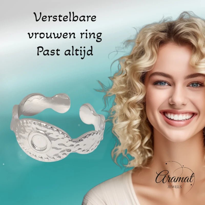 RVS Verstelbare Ring - Oog Motief met Dots - One Size - Zilverkleur -