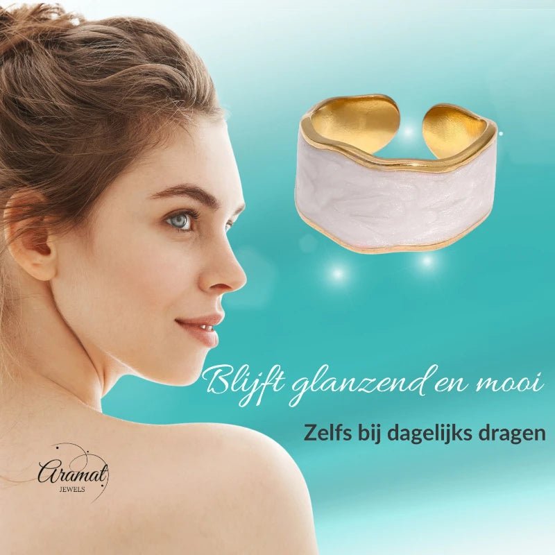 Damesring Verstelbaar &acirc;&euro;&ldquo; Open Ring met Witte Parelmoer Inlay &acirc;&euro;&ldquo; 