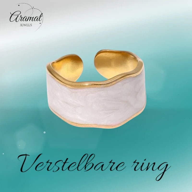 Damesring Verstelbaar &acirc;&euro;&ldquo; Open Ring met Witte Parelmoer Inlay &acirc;&euro;&ldquo; 